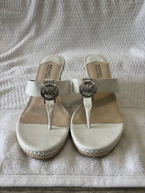 Michael Kors White MK Logo Thong Wedge Sandals